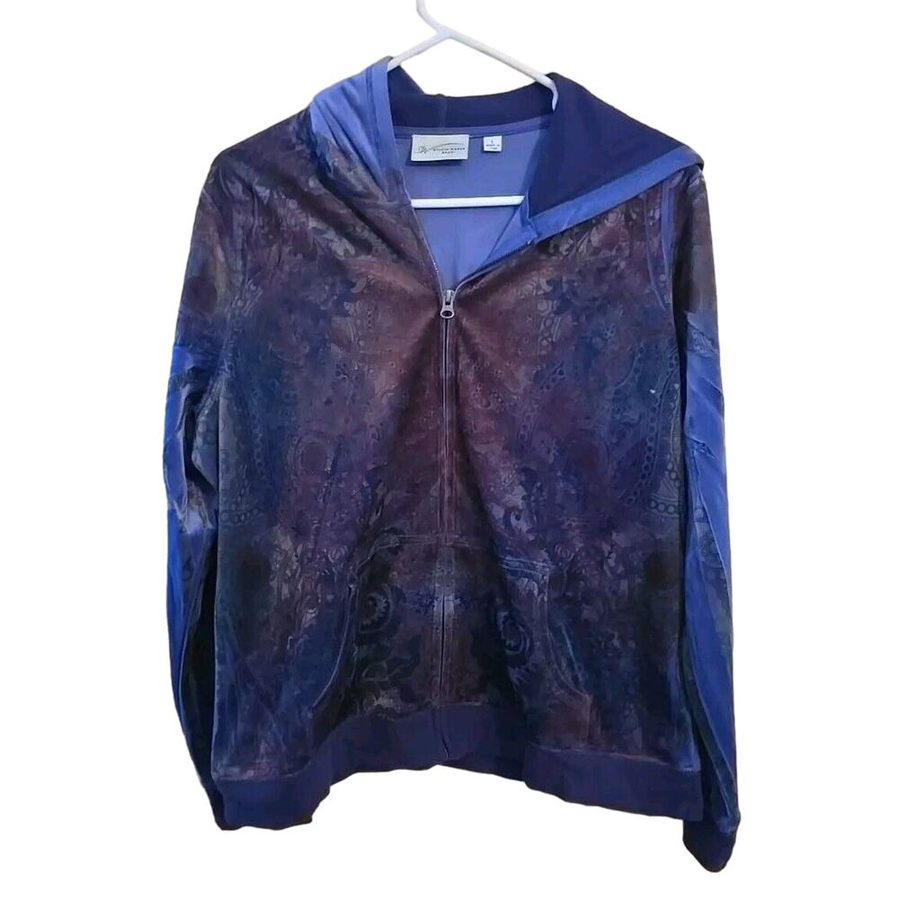Studio Work Sport Blue Paisley Full Zip Grunge Hooded Sweatshirt Womans Sz Large